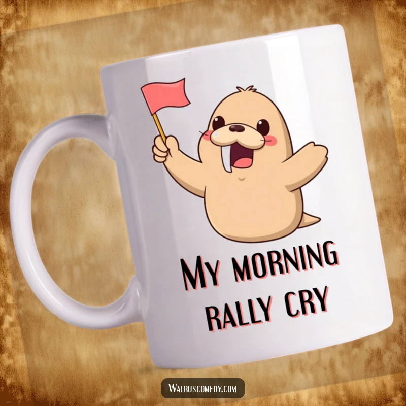 Funny Kawaii Walrus Mug: A gleeful walrus happily waves a small flag, radiating pure excitement and cheerful energy for a delightful gift.