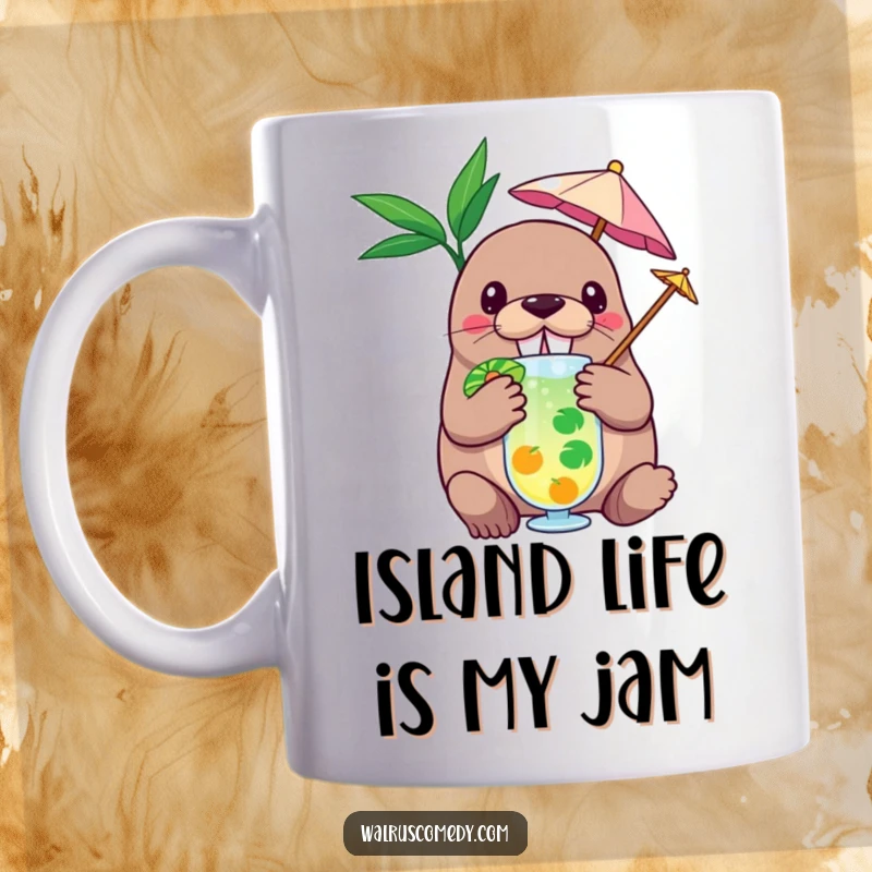 Funny mug featuring a cheerful walrus character holding a tiny umbrella in a colorful tropical drink, embodying pure relaxation and humor.