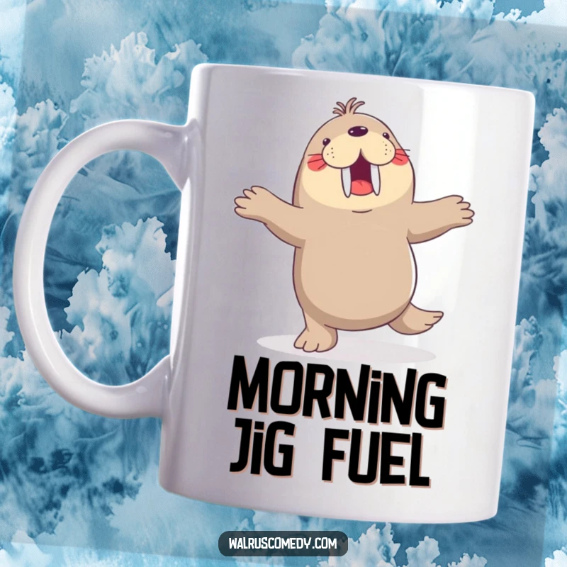 Funny mug, joyful walrus dancing a jig, flippers in the air, happy, energetic, perfect for dancers and animal lovers.
