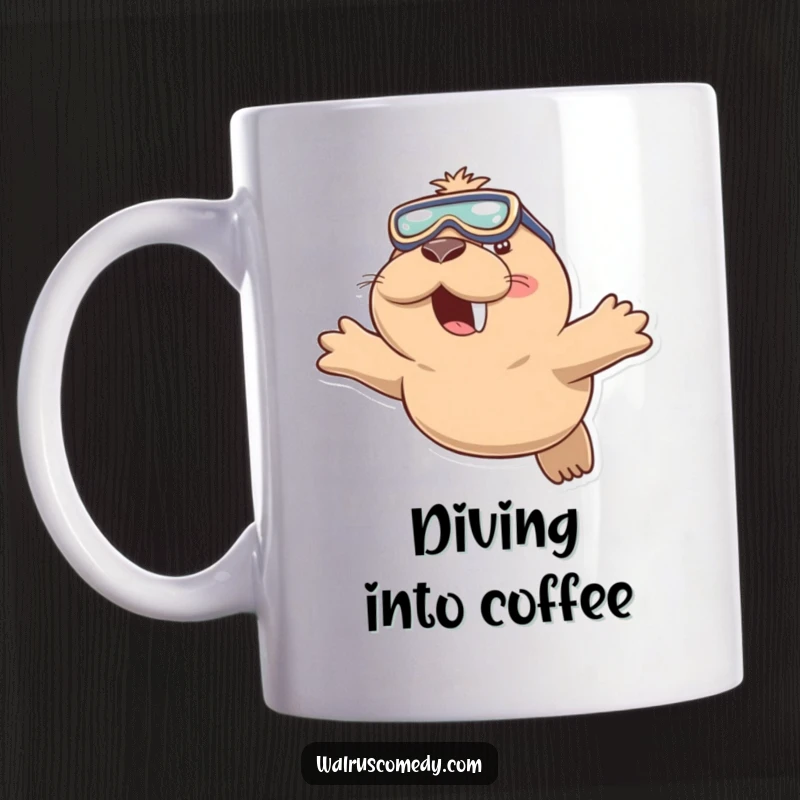 Funny mug featuring a playful walrus wearing swimming goggles and diving with a happy smile, ready for aquatic adventures.