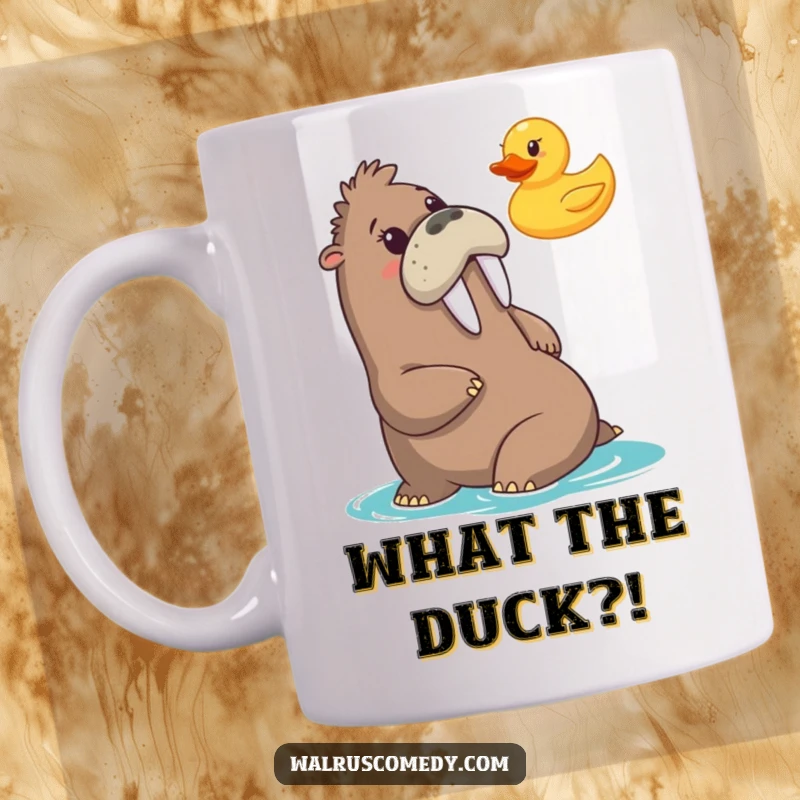 Funny mug showing a walrus comically surprised by a floating rubber duck, capturing a moment of pure, bewildered amusement.
