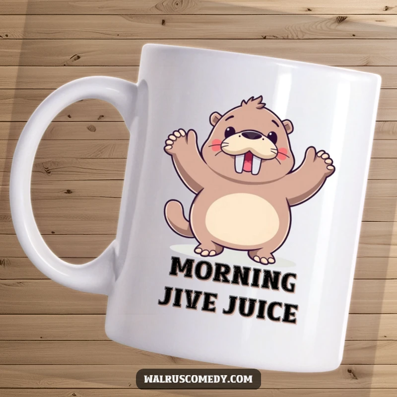 Funny walrus doing a happy dance with flippers raised, a joyful sea creature celebrating with movement, perfect for coffee lovers.