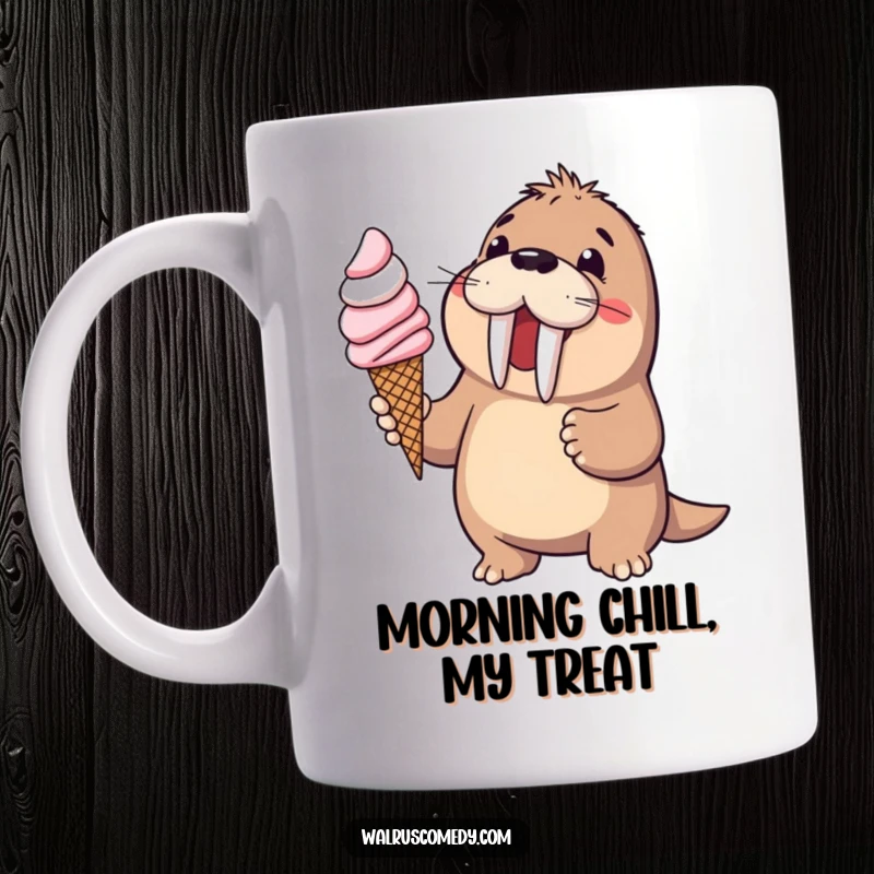 Funny walrus character happily offering a large ice cream cone, depicted on a mug, exuding sweet delight, a great funny gift.