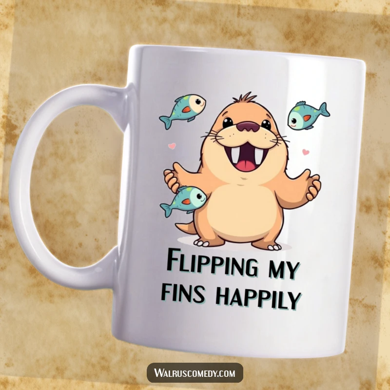 Funny mug featuring a very happy walrus with a wide, toothy grin skillfully juggling several fish in the air.