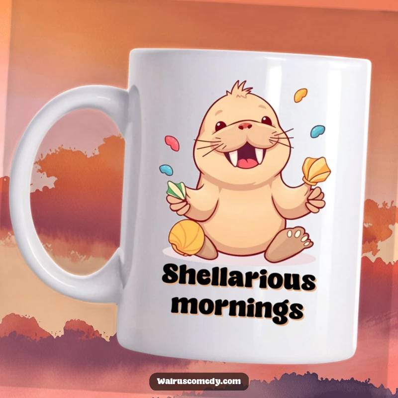 Funny Kawaii Walrus Juggling Seashells Mug, a happy walrus with a wide grin juggling shells, cheerful ocean art.