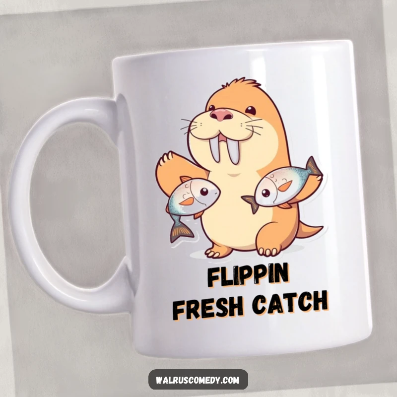 Funny walrus character mug, expertly juggling two shiny fish with a wide, comical grin, a unique funny gift.