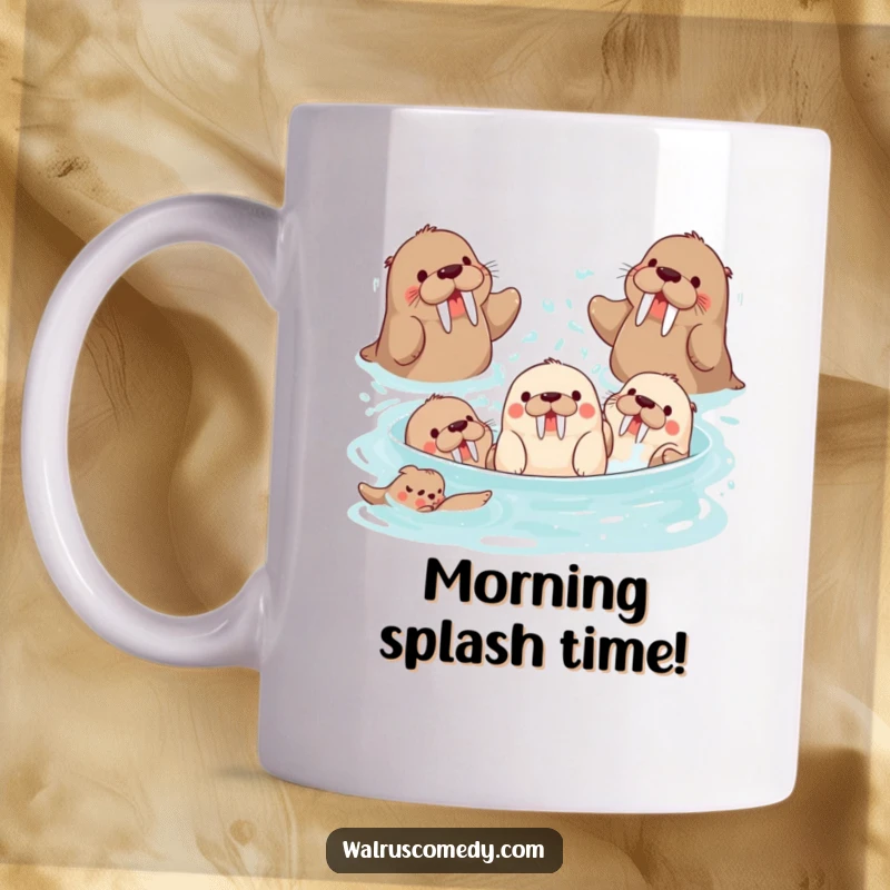 Funny group of playful walrus characters splashing water with joy, perfect for water lovers and as a funny gift.