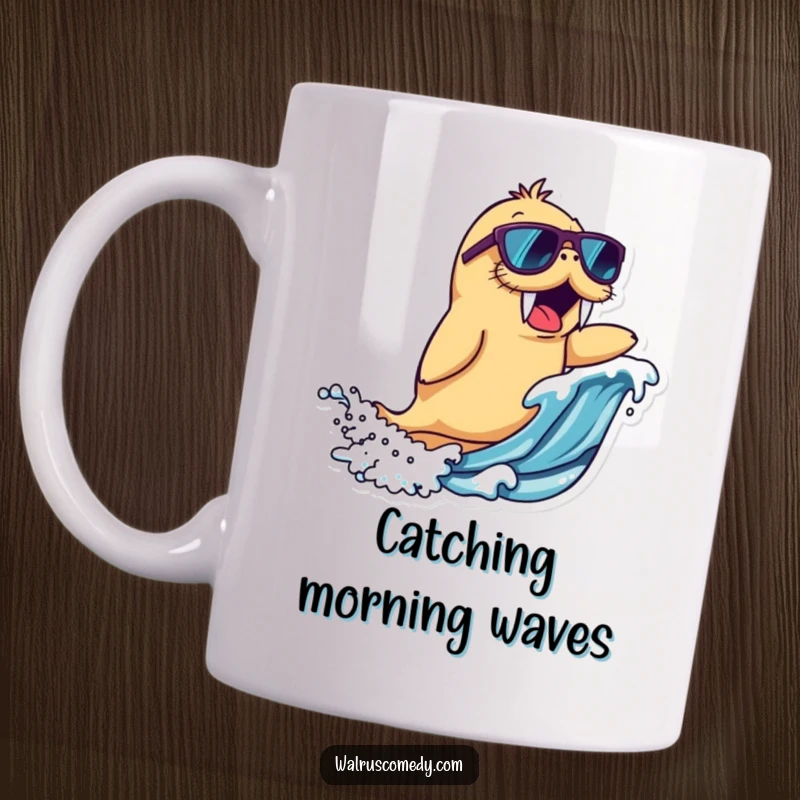 Funny walrus character mug wearing sunglasses, excitedly riding a big blue wave, perfect for beach lovers and as a funny gift.
