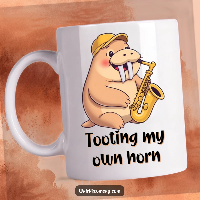 Funny mug featuring a smiling walrus happily playing a saxophone, sporting a jaunty cap with musical enthusiasm.