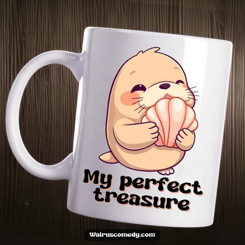 Funny Mug: A charming walrus character winks playfully while holding a beautiful, shiny seashell.