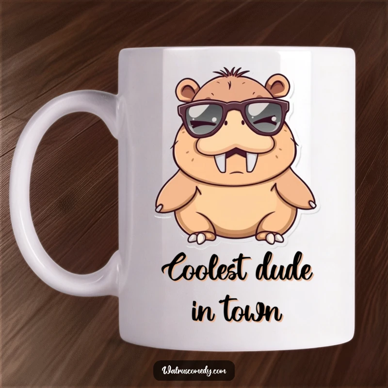 Funny walrus character winking cheekily while sporting oversized, vibrant sunglasses on this cool and humorous mug