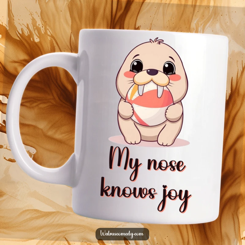 Funny kawaii walrus with huge, innocent eyes adorably balancing a colorful beach ball on its nose, spreading cuteness and cheer.
