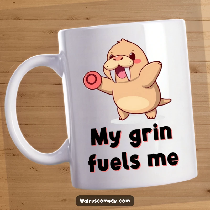 Funny kawaii walrus with tusks and a huge happy grin joyfully throwing a frisbee, radiating fun and good vibes.