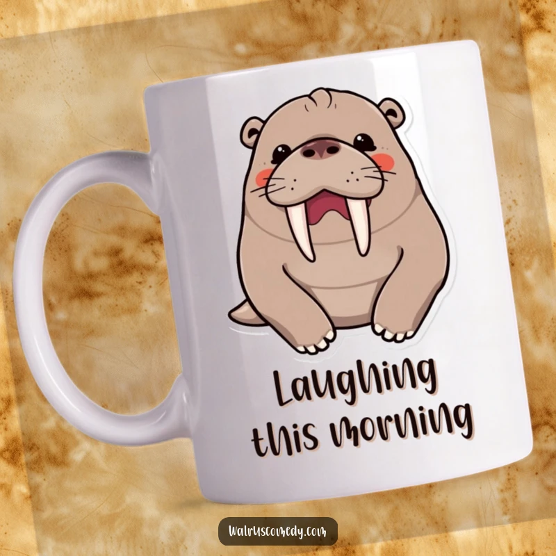 Funny kawaii walrus character erupting in a hearty chuckle, its prominent tusks visible, bringing infectious laughter to a mug.