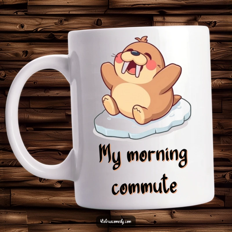 Funny mug with an excited walrus character gleefully sliding down a snowy icy slope on its belly, radiating pure joy.