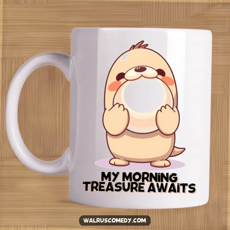 Funny Mug featuring a Kawaii walrus excitedly presenting a giant, shiny pearl with wide, innocent eyes full of wonder.