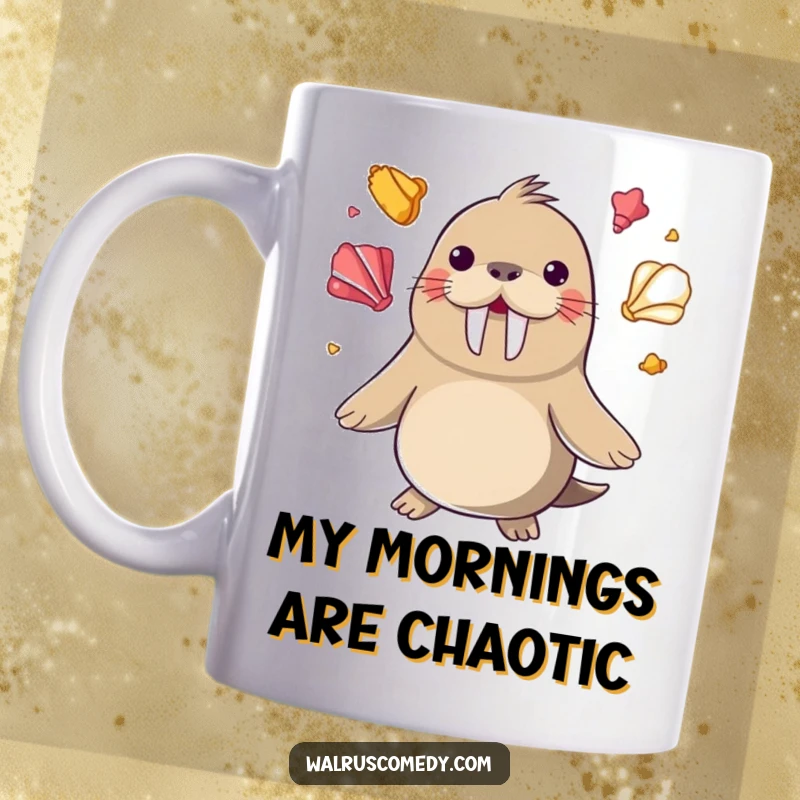 Funny happy walrus juggling colorful seashells with its flippers on a ceramic mug, a skillful funny gift.