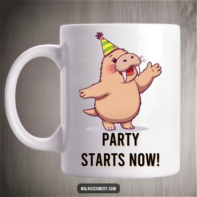 Funny mug with a joyful walrus character wearing a party hat and dancing enthusiastically, embodying pure celebration and fun.