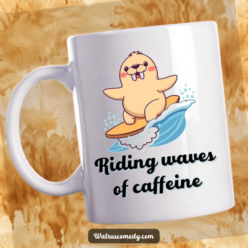 Funny Mug featuring a Kawaii walrus happily surfing a playful wave with determined joy and a big smile.