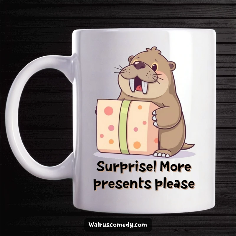 Funny mug showing an ecstatic walrus character eagerly unwrapping a large gift, radiating pure delight and humorous anticipation.