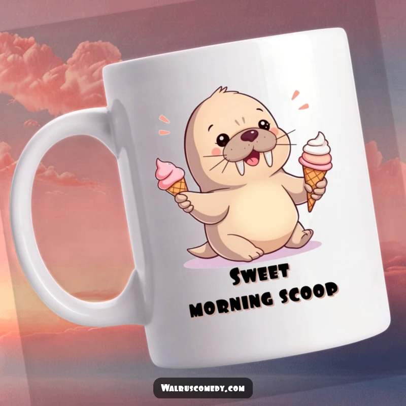 Funny Mug: A cute baby walrus character expertly juggles three colorful ice cream cones, looking delighted.