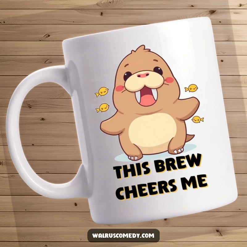 Funny walrus cheering with tiny fish jumping around it, a celebration sea creature surrounded by aquatic friends, perfect for drinks.