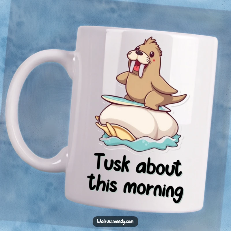 Funny mug: a walrus character joyfully surfs on a giant clam, celebrating ocean adventure.