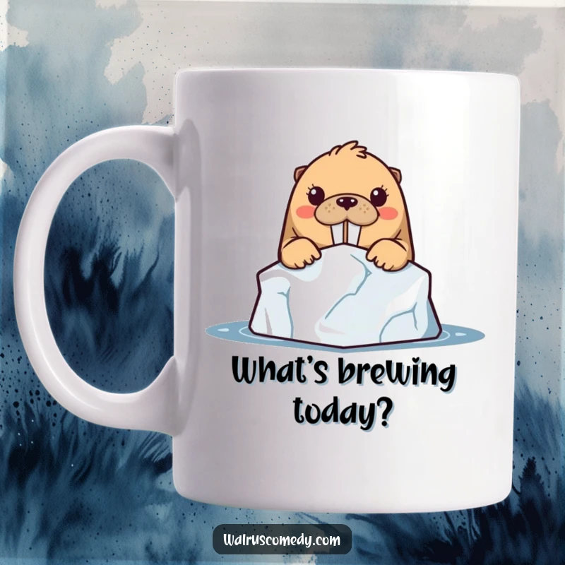 Funny kawaii walrus character peeking curiously from behind a frosty iceberg, with wide, inquisitive eyes, featured on a mug.