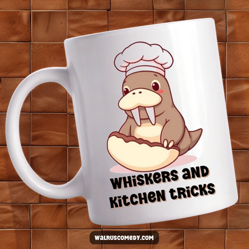 Funny mug featuring a walrus in a chef hat expertly flipping a giant clam, showcasing culinary passion and humor.