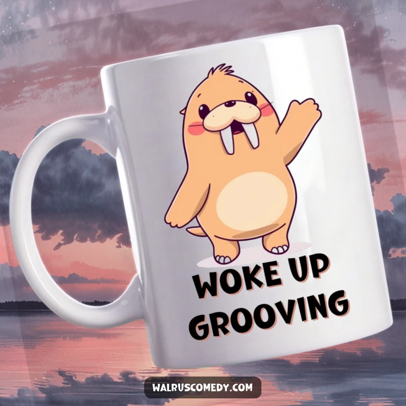 Funny walrus character joyfully dancing, flippers in the air, energetic and humorous mug.