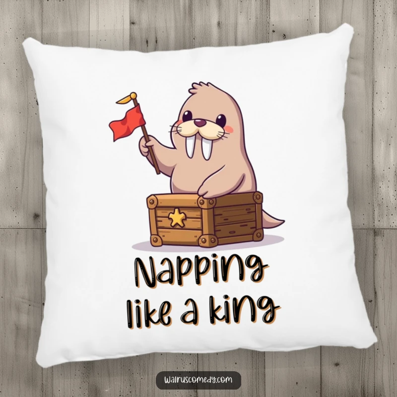 Funny pillow with a contented walrus on a treasure chest, waving a small flag, adding a touch of whimsical comfort.