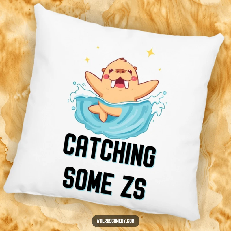 Funny Walrus Pillow: A plush pillow featuring a happy walrus diving into a sparkling wave, perfect for adding coastal charm and humor.