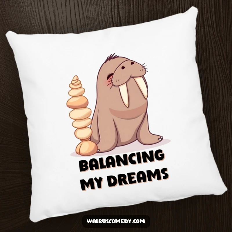 Funny pillow illustration of a giggling walrus character balancing a stack of seashells on its tusks, offering plush comfort and humor.