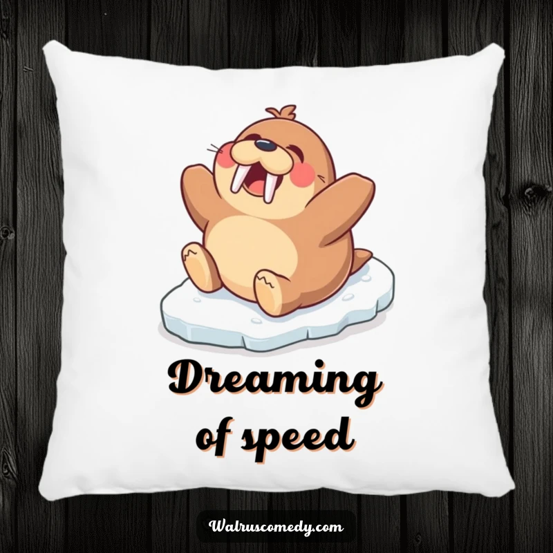 Funny pillow featuring a gleeful walrus character sliding down an icy surface on its belly, offering ultimate comfort and humor.