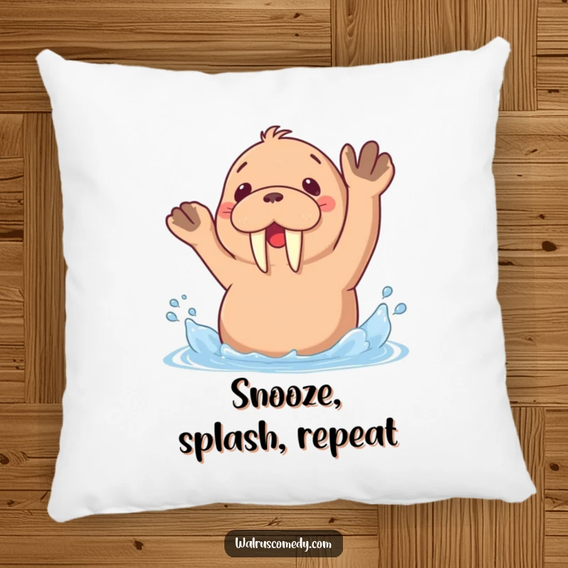 Funny pillow featuring a kawaii walrus happily splashing water with its flippers, adding a touch of playful comfort.