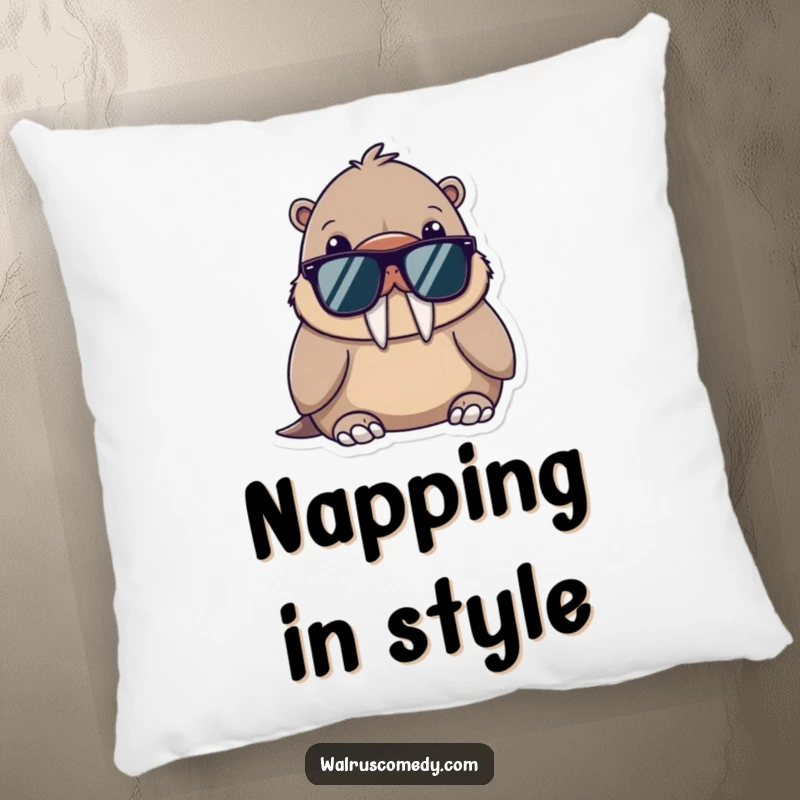 Funny pillow featuring a kawaii walrus wearing sunglasses, looking cool and effortlessly relaxed, perfect for cozy vibes.