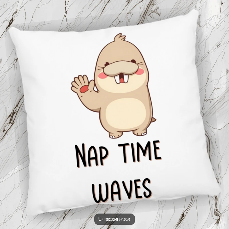 Funny pillow featuring a kawaii walrus waving enthusiastically with a big smile, perfect for adding cheerful comfort.