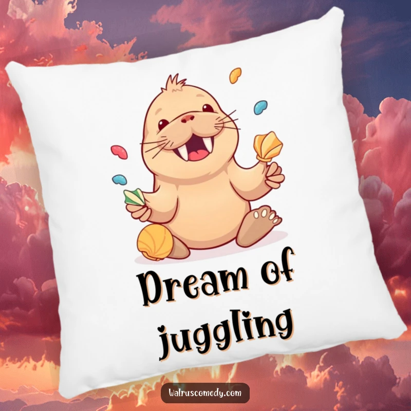 Funny Kawaii Walrus Juggling Seashells Pillow, a joyful walrus juggling shells, soft and cheerful cushion.