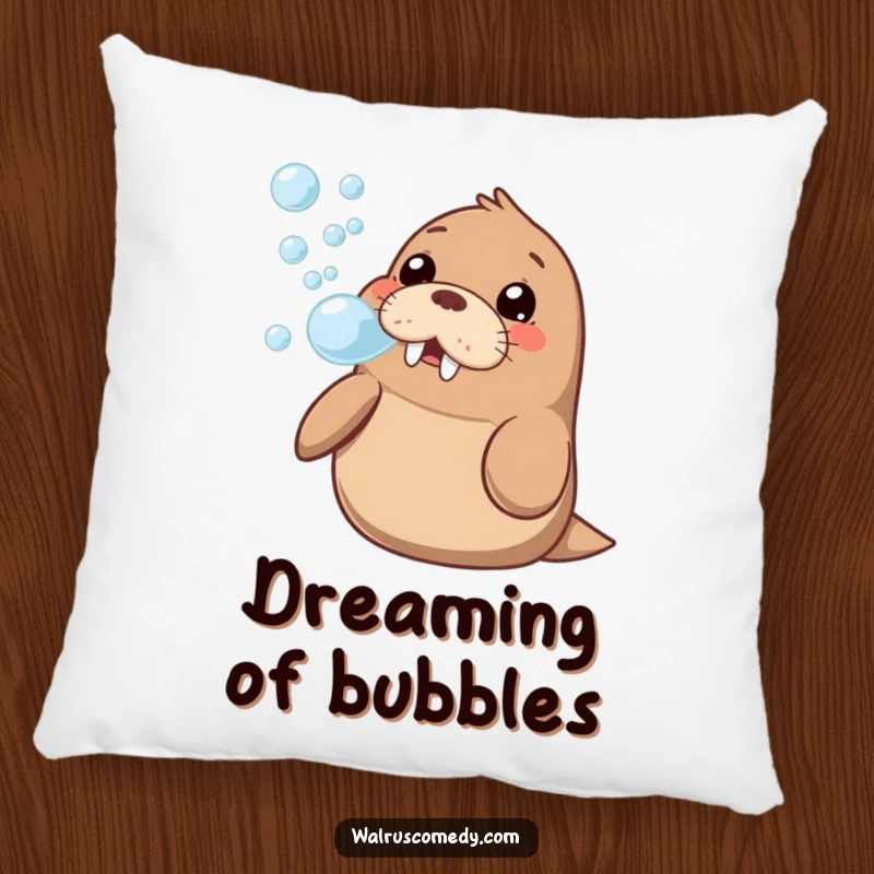 Funny kawaii walrus blowing a cheerful stream of bubbles, with a happy and curious expression, on a plush decorative pillow.