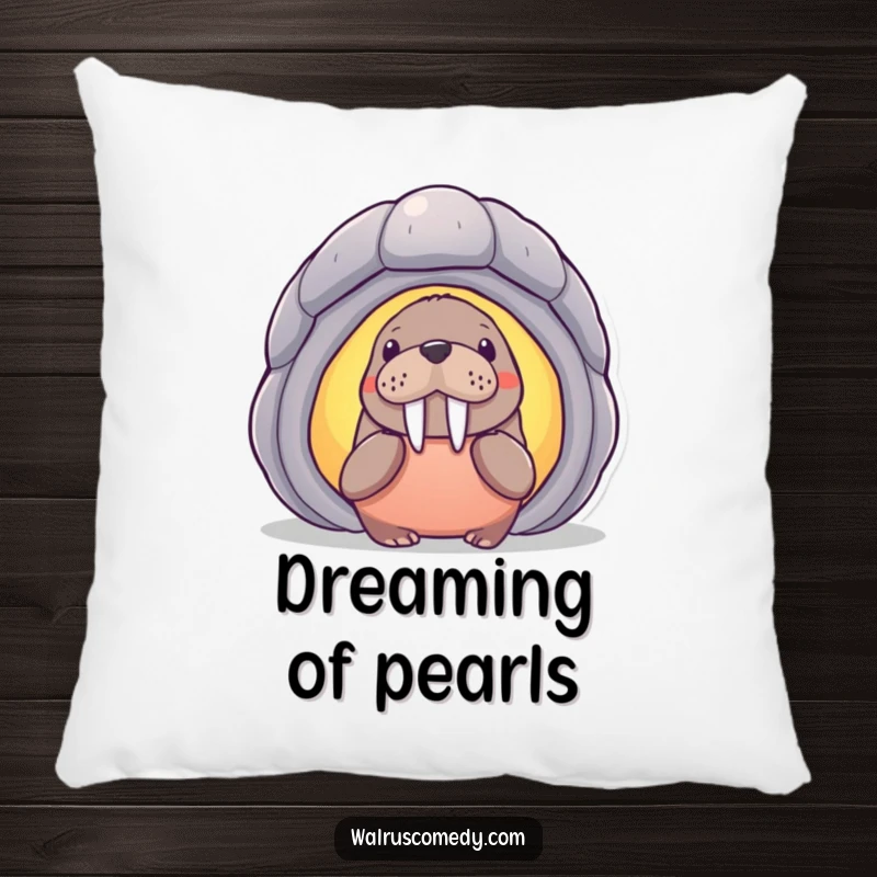 Funny walrus character curiously observing a magical glowing shell, featured on a soft, decorative pillow for a humorous living room accent