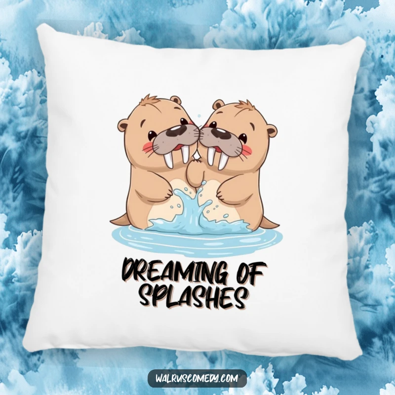 Funny walrus pillow featuring siblings playfully splashing water, perfect for adding a cozy and fun element to any room.