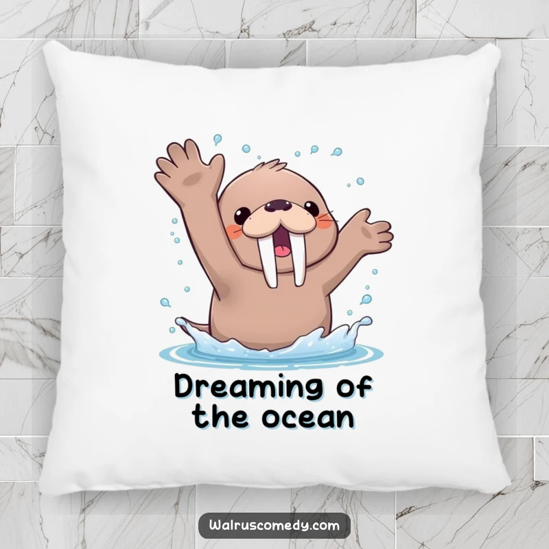 Funny Pillow featuring a kawaii walrus with flippers enthusiastically splashing water, showering happy droplets for ultimate comfort.