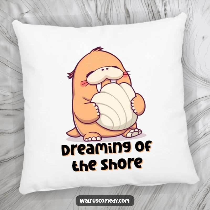 Funny Walrus Pillow: A plush pillow featuring a giggling walrus holding a giant seashell, perfect for a cozy and humorous touch.