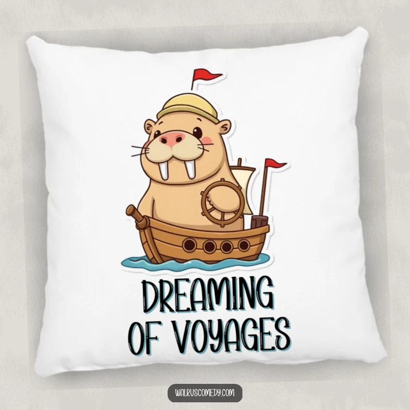 Funny walrus pillow featuring an adventurous walrus grinning while steering a tiny ship, perfect for nautical-themed comfort.