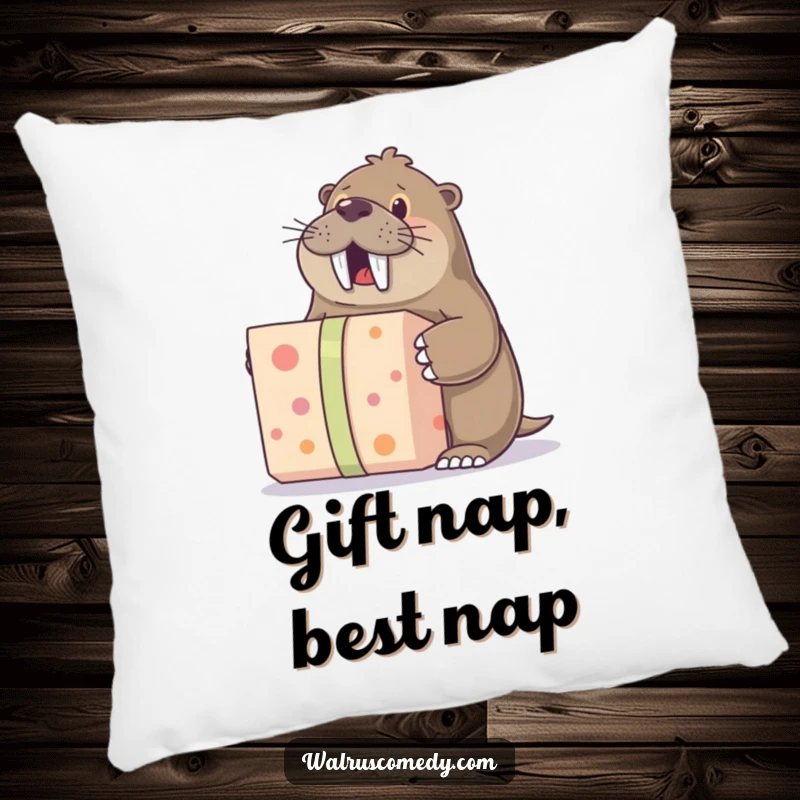 Funny decorative pillow featuring a walrus character excitedly unwrapping a large gift, bringing humorous joy and comfort to spaces.