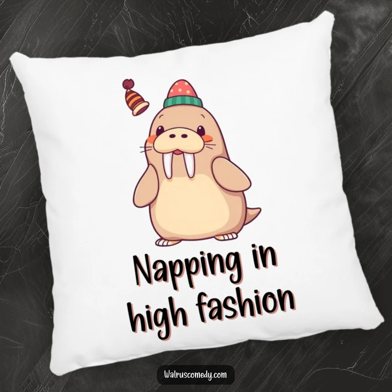 Funny Pillow featuring a kawaii walrus playfully balancing a small, whimsical hat on its tusk with a sweet smile.