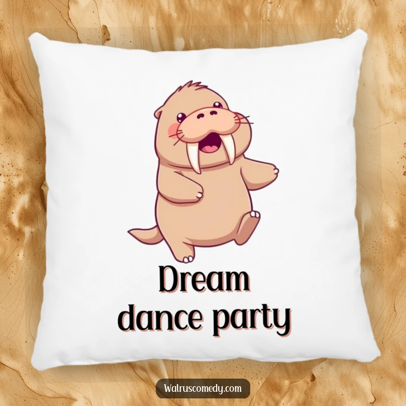 Funny kawaii walrus character doing a playful dance, tusks swinging, looking soft and cuddly on a plush pillow.