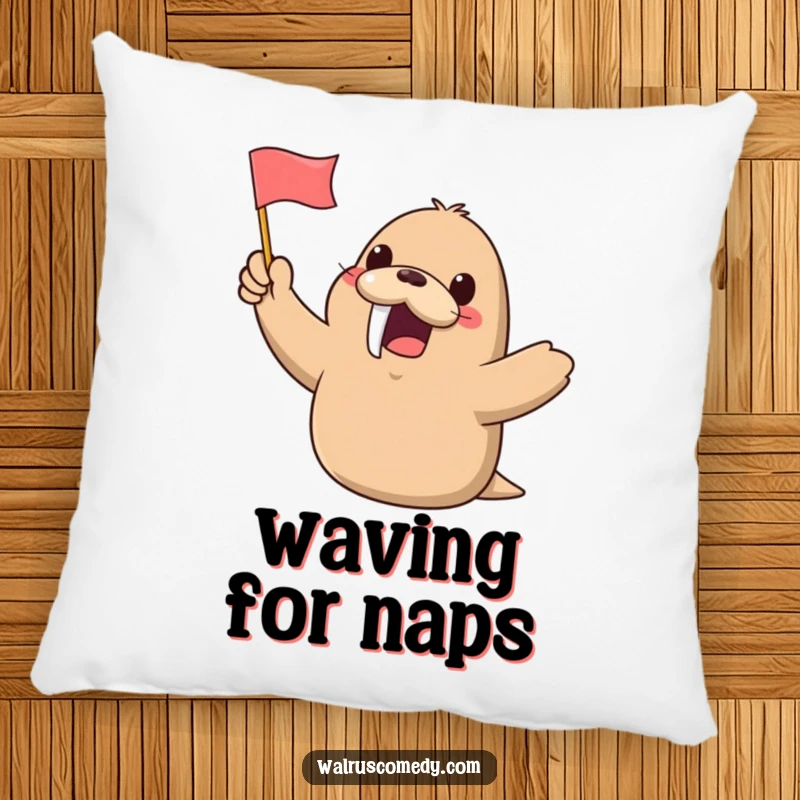 Funny Kawaii Walrus Pillow: A super cheerful walrus gleefully waves a tiny flag, adding a touch of playful humor and comfort to any space.