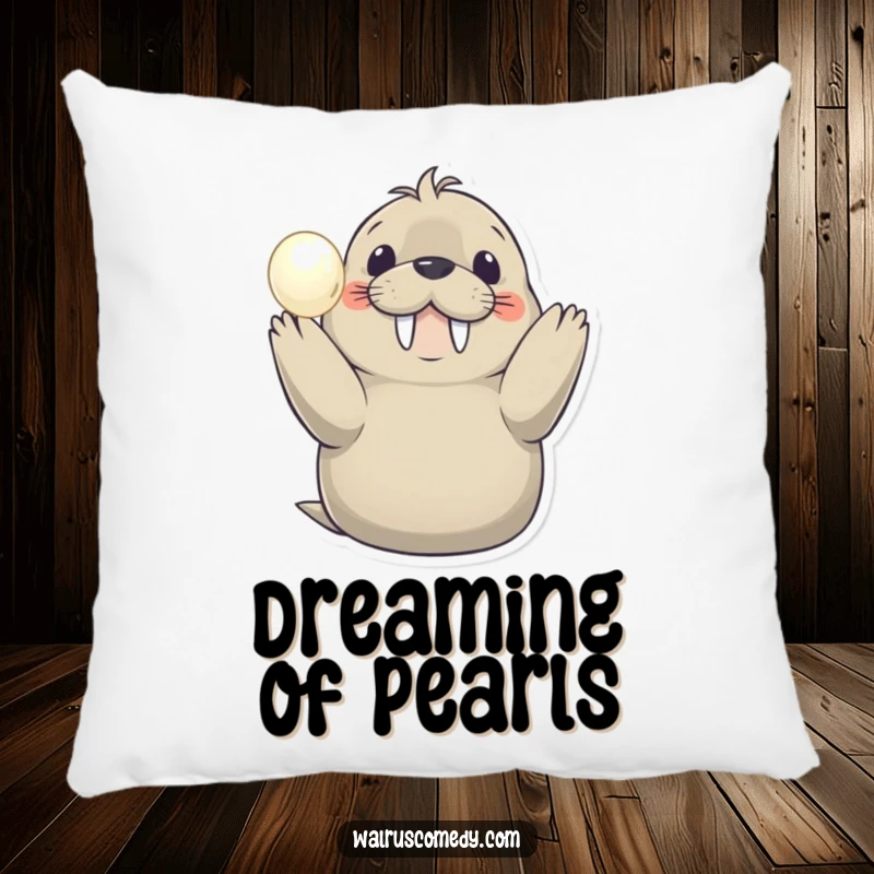 Funny pillow designed with a happy walrus holding a shimmering pearl, bringing comfort and a humorous sense of treasure.