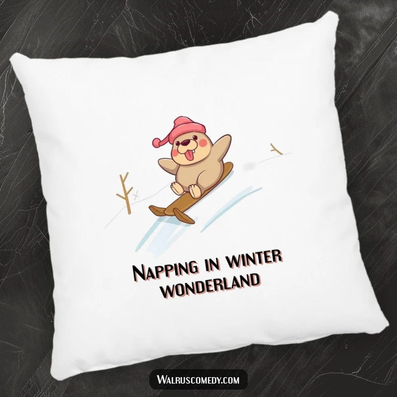 Funny decorative pillow featuring a walrus gleefully sliding down a snowy hill, bringing humorous winter comfort to living spaces.